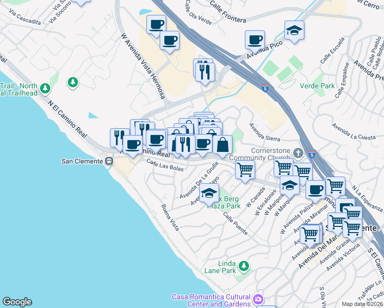 map of restaurants, bars, coffee shops, grocery stores, and more near Los Obreros Ln in San Clemente
