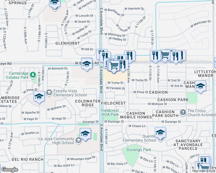 map of restaurants, bars, coffee shops, grocery stores, and more near 11417 West Yavapai Street in Avondale