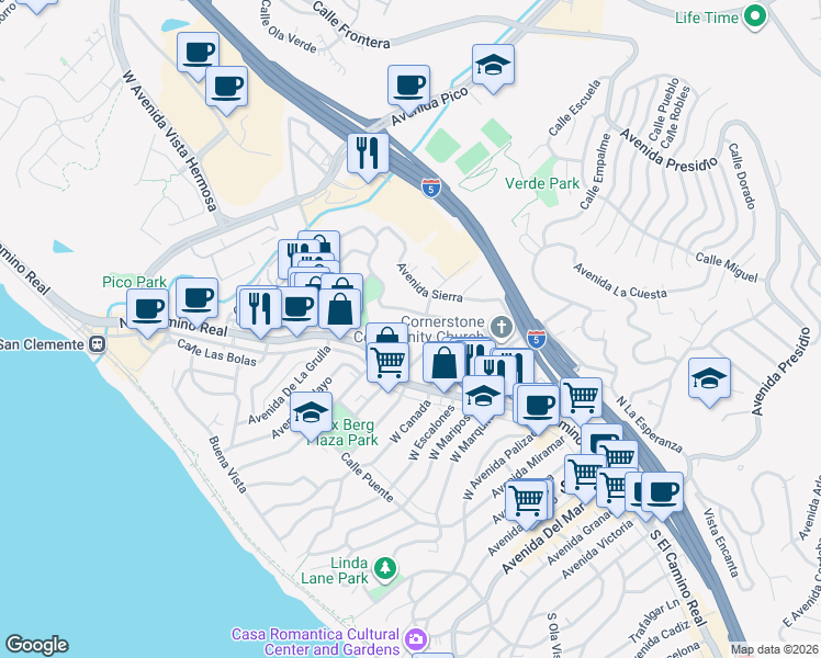 map of restaurants, bars, coffee shops, grocery stores, and more near 111 Chiquita in San Clemente