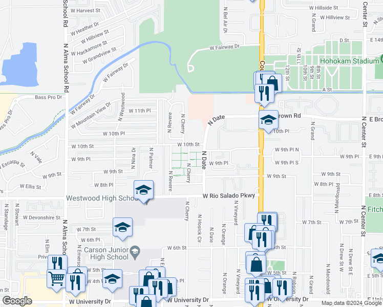 map of restaurants, bars, coffee shops, grocery stores, and more near 945 North Cherry in Mesa