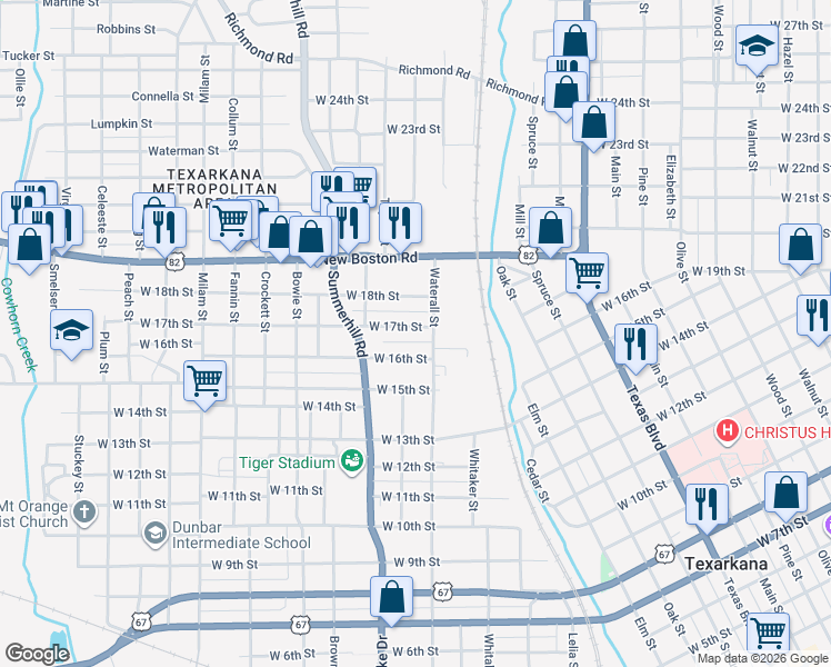 map of restaurants, bars, coffee shops, grocery stores, and more near 1602 West 16th Street in Texarkana
