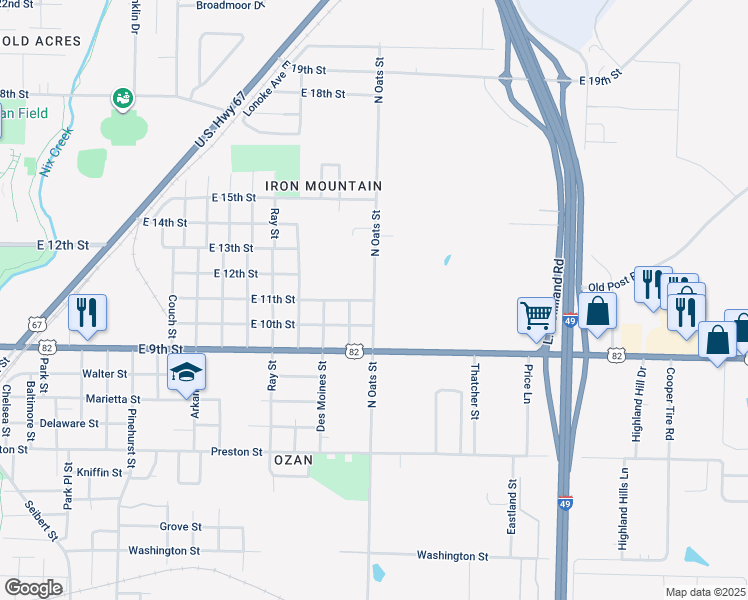 map of restaurants, bars, coffee shops, grocery stores, and more near 1101 North Oats Street in Texarkana