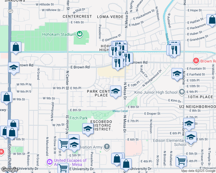 map of restaurants, bars, coffee shops, grocery stores, and more near 1001 North Pasadena in Mesa
