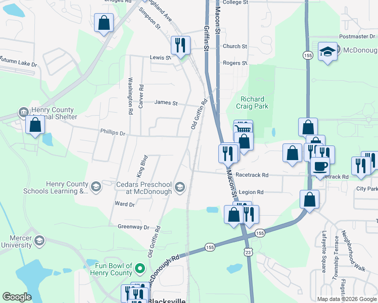 map of restaurants, bars, coffee shops, grocery stores, and more near 15 Racetrack Road in McDonough