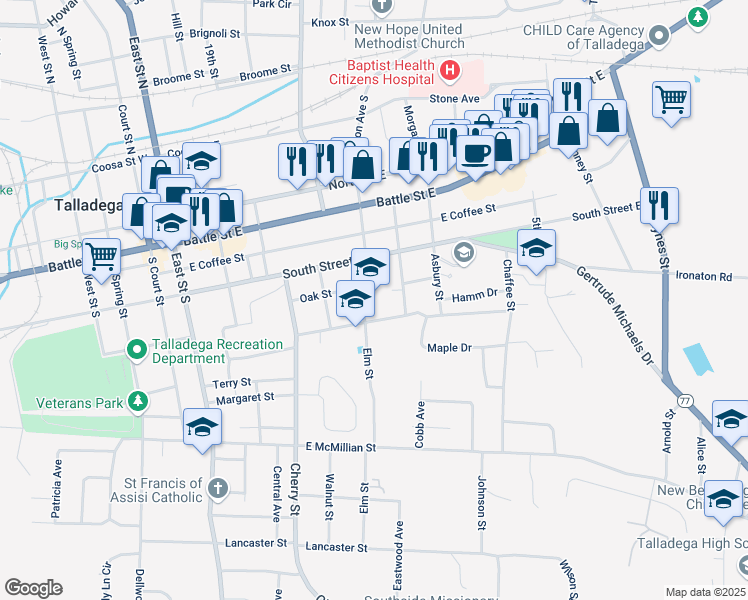 map of restaurants, bars, coffee shops, grocery stores, and more near 414 Elm Street in Talladega