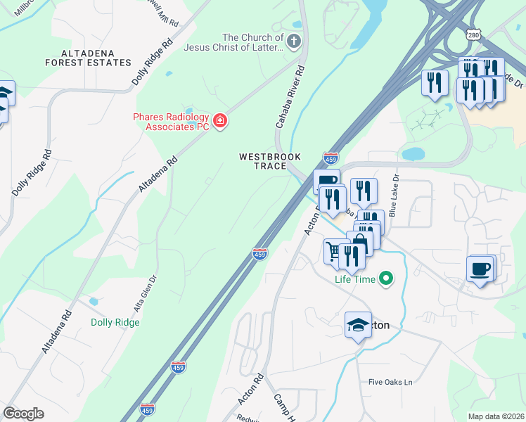 map of restaurants, bars, coffee shops, grocery stores, and more near 2757 Denyse Drive in Birmingham