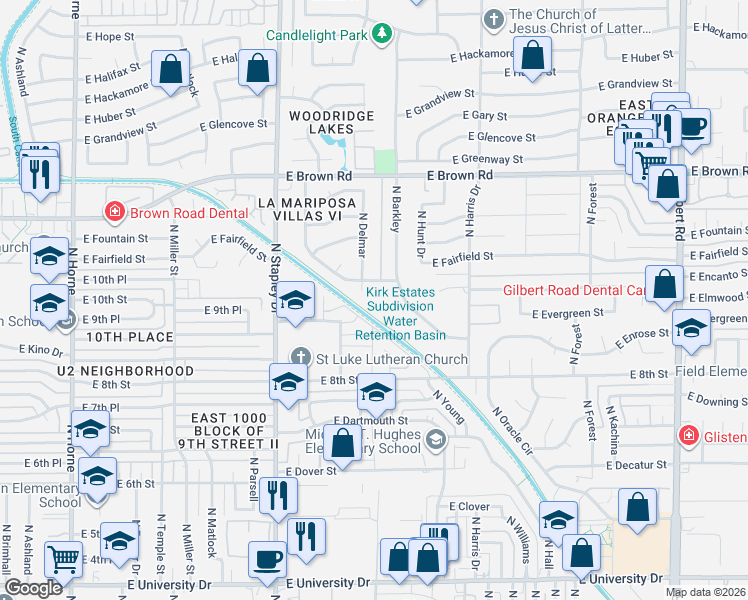 map of restaurants, bars, coffee shops, grocery stores, and more near 1348 East Enrose Circle in Mesa