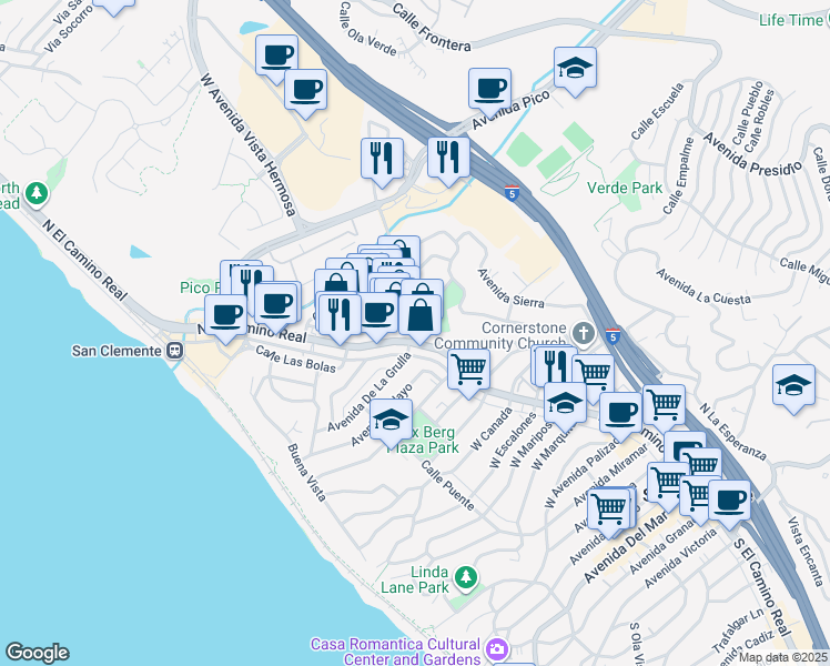 map of restaurants, bars, coffee shops, grocery stores, and more near 1402 North El Camino Real in San Clemente