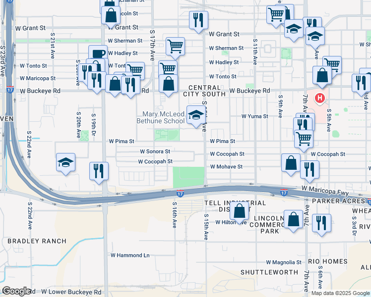 map of restaurants, bars, coffee shops, grocery stores, and more near 1602 West Cocopah Street in Phoenix