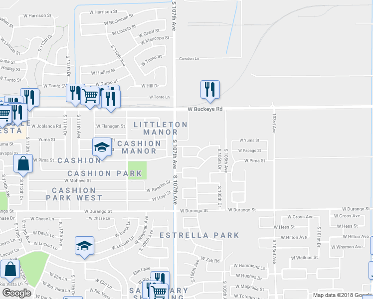 map of restaurants, bars, coffee shops, grocery stores, and more near 10633 West Papago Street in Tolleson