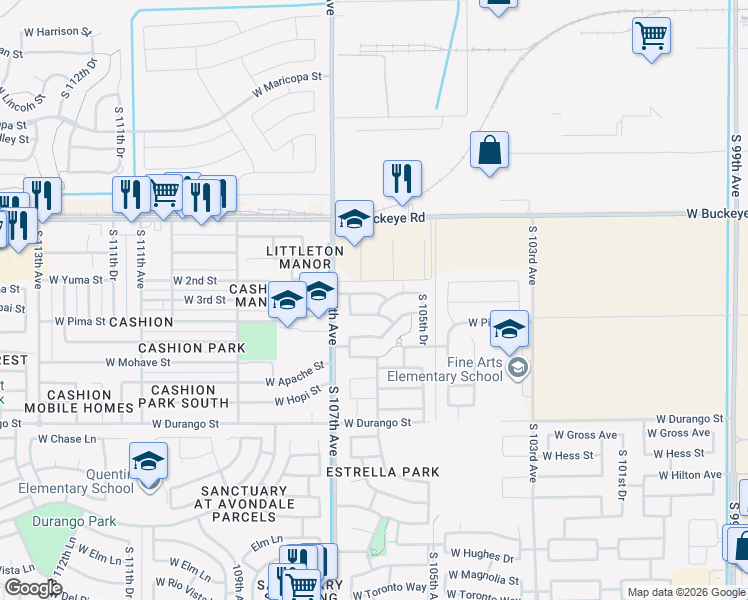 map of restaurants, bars, coffee shops, grocery stores, and more near 10617 West Papago Street in Tolleson
