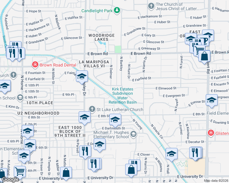 map of restaurants, bars, coffee shops, grocery stores, and more near 1348 East Enrose Circle in Mesa