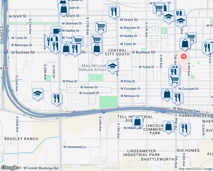 map of restaurants, bars, coffee shops, grocery stores, and more near 1602 West Cocopah Street in Phoenix