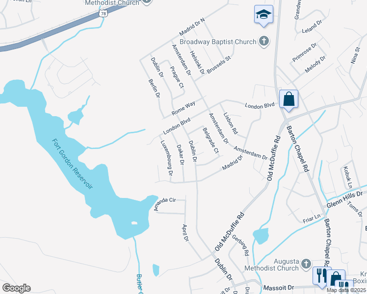 map of restaurants, bars, coffee shops, grocery stores, and more near 2417 Dakar Drive in Augusta