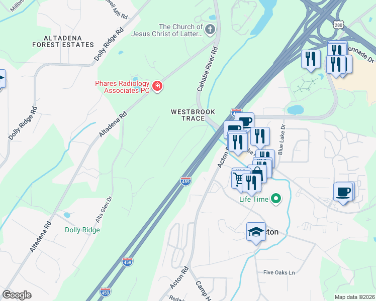 map of restaurants, bars, coffee shops, grocery stores, and more near 2757 Denyse Drive in Birmingham