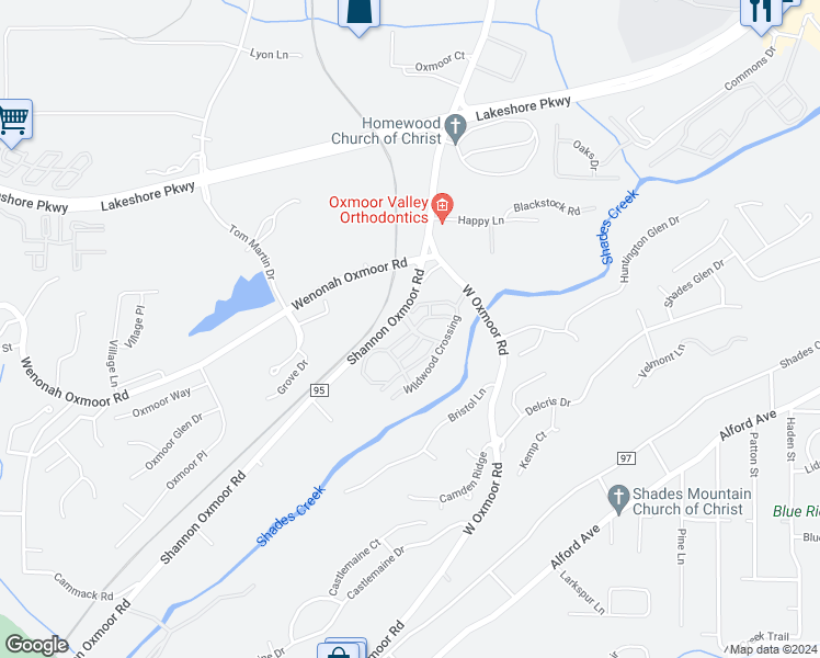 map of restaurants, bars, coffee shops, grocery stores, and more near 101 Wildwood Crossings in Birmingham