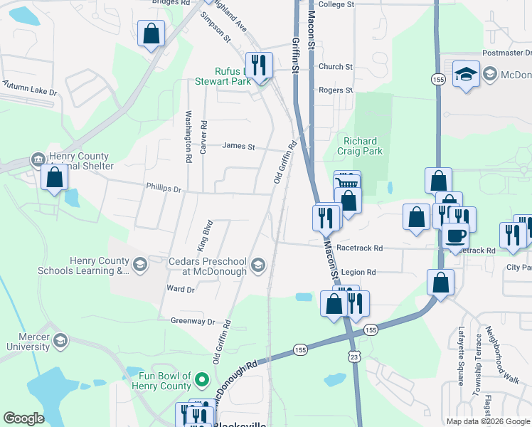 map of restaurants, bars, coffee shops, grocery stores, and more near 15 Racetrack Road in McDonough