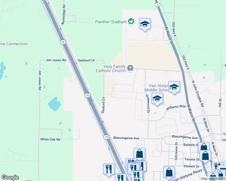 map of restaurants, bars, coffee shops, grocery stores, and more near 548 Sanford Circle in Van Alstyne