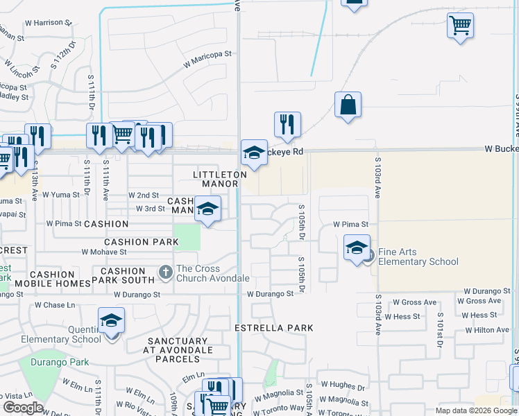 map of restaurants, bars, coffee shops, grocery stores, and more near 10629 West Papago Street in Tolleson