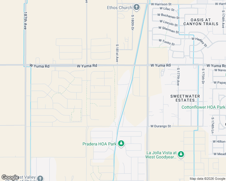 map of restaurants, bars, coffee shops, grocery stores, and more near 1608 Castillo Lane in Goodyear