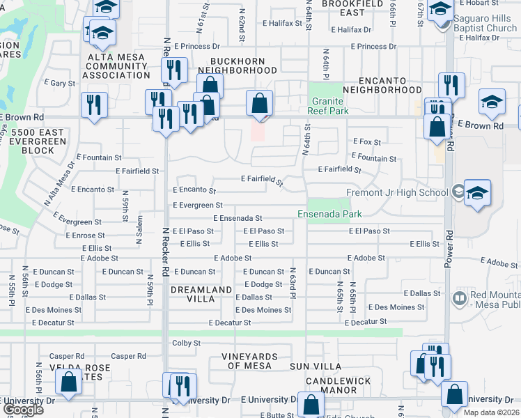 map of restaurants, bars, coffee shops, grocery stores, and more near 6247 East Ensenada Street in Mesa
