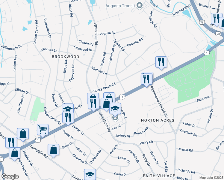 map of restaurants, bars, coffee shops, grocery stores, and more near 2925 Deans Bridge Road in Augusta