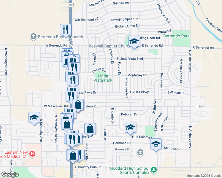 map of restaurants, bars, coffee shops, grocery stores, and more near 3002 Encanto Drive in Roswell