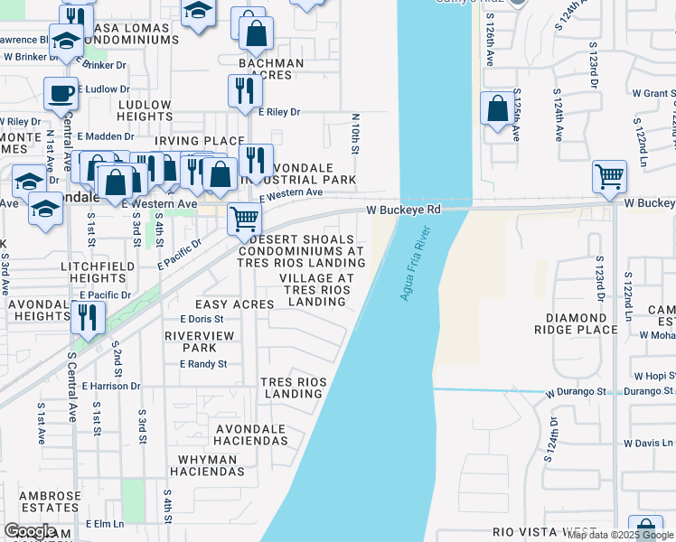 map of restaurants, bars, coffee shops, grocery stores, and more near 12851 West Buckeye Road in Avondale