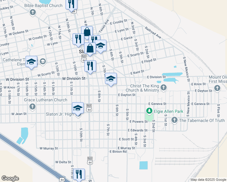 map of restaurants, bars, coffee shops, grocery stores, and more near 740 South 7th Street in Slaton