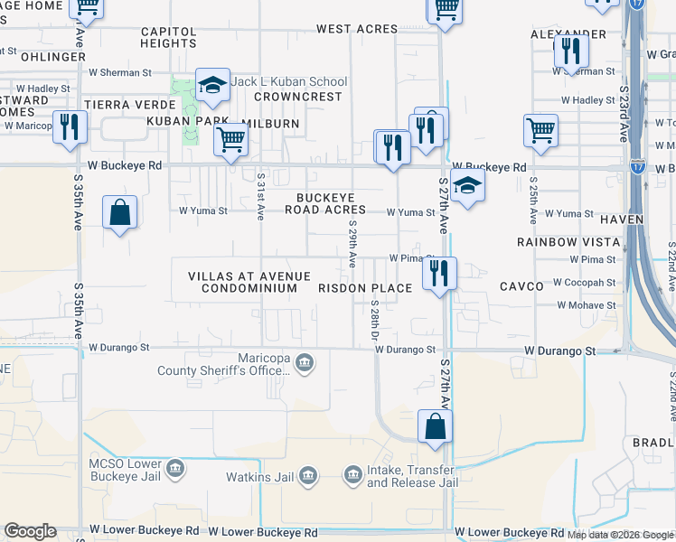 map of restaurants, bars, coffee shops, grocery stores, and more near 2915 West Pima Street in Phoenix