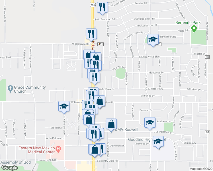 map of restaurants, bars, coffee shops, grocery stores, and more near 3005 North Alhambra Drive in Roswell