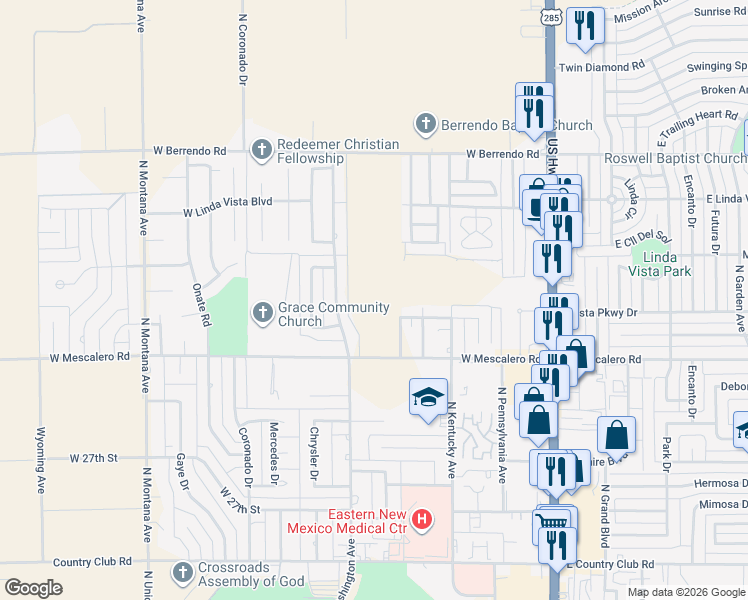 map of restaurants, bars, coffee shops, grocery stores, and more near 613 West Mescalero Road in Roswell