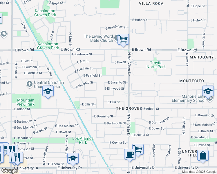 map of restaurants, bars, coffee shops, grocery stores, and more near 3446 East Enrose Street in Mesa