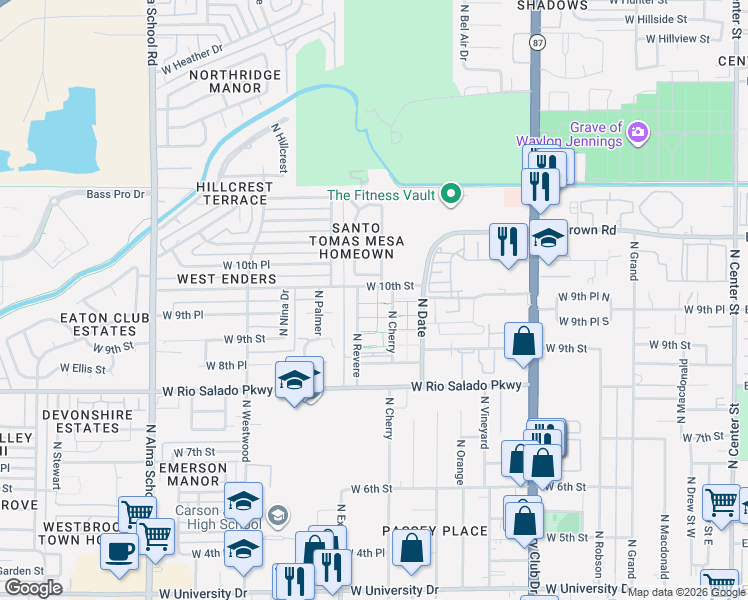 map of restaurants, bars, coffee shops, grocery stores, and more near 919 North Revere in Mesa