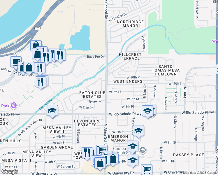 map of restaurants, bars, coffee shops, grocery stores, and more near 1215 West Esplanade Street in Mesa