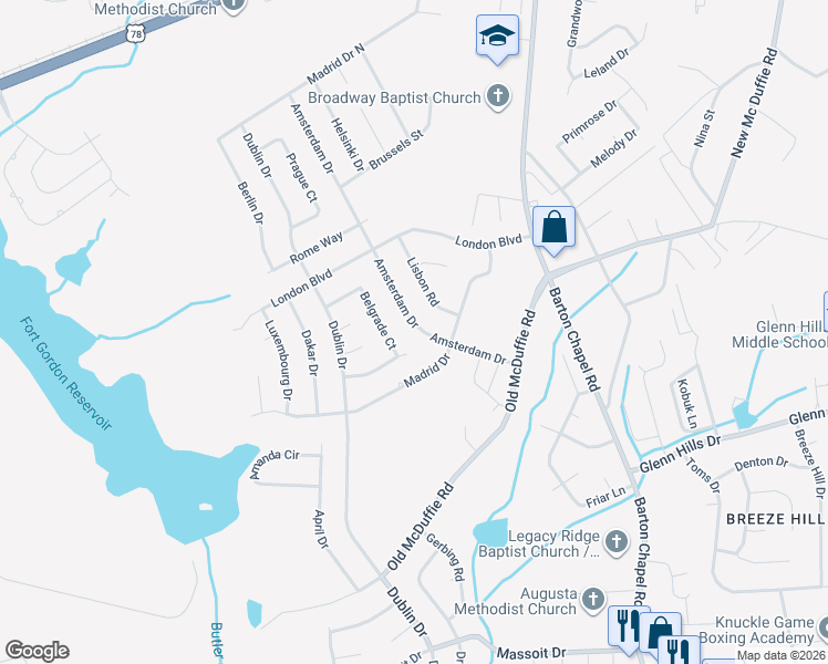 map of restaurants, bars, coffee shops, grocery stores, and more near 2425 Amsterdam Drive in Augusta
