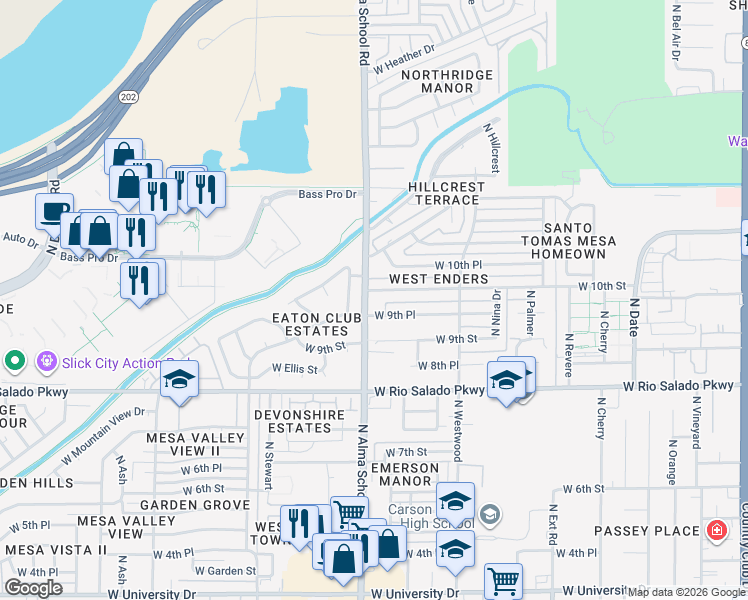 map of restaurants, bars, coffee shops, grocery stores, and more near 1215 West Esplanade Street in Mesa