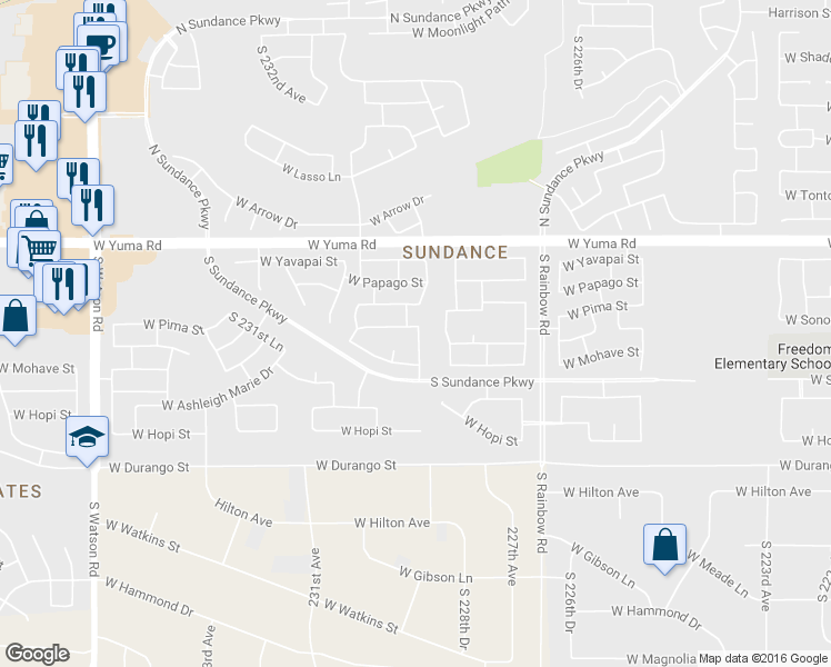 map of restaurants, bars, coffee shops, grocery stores, and more near 22935 West Cocopah Street in Buckeye