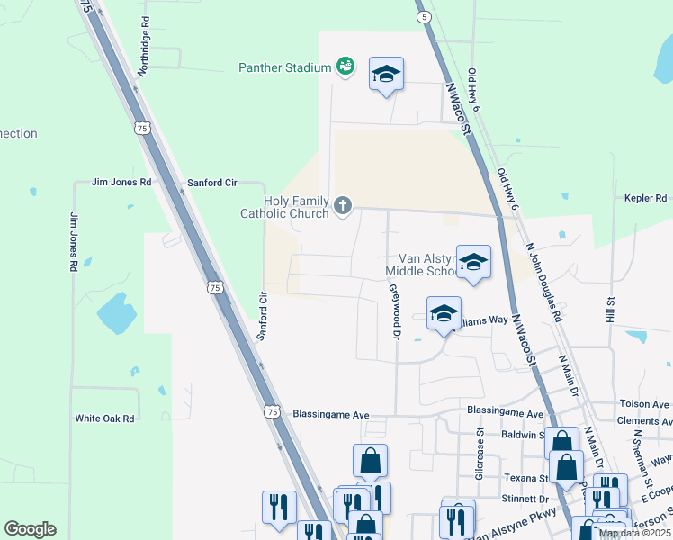 map of restaurants, bars, coffee shops, grocery stores, and more near 1041 Stanridge Lane in Van Alstyne