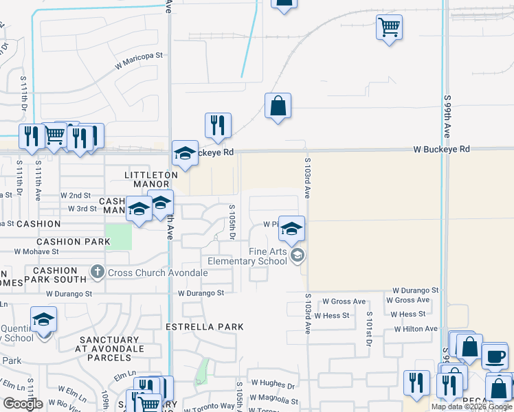 map of restaurants, bars, coffee shops, grocery stores, and more near 10426 West Pima Street in Phoenix