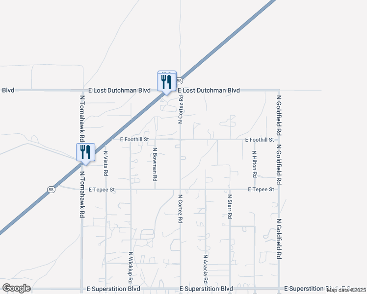map of restaurants, bars, coffee shops, grocery stores, and more near 2413 East Foothill Street in Apache Junction