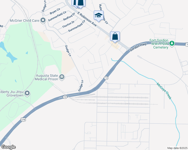 map of restaurants, bars, coffee shops, grocery stores, and more near 1208 Derby Lane in Grovetown
