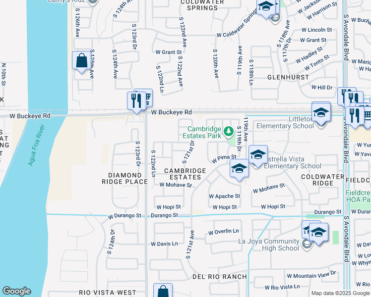map of restaurants, bars, coffee shops, grocery stores, and more near 12168 Yuma Street in Avondale