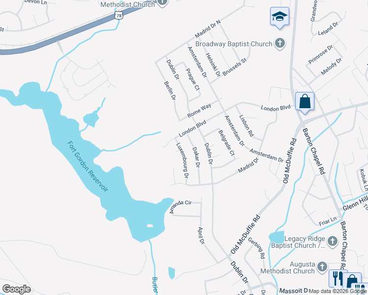 map of restaurants, bars, coffee shops, grocery stores, and more near 2402 Budapest Court in Augusta