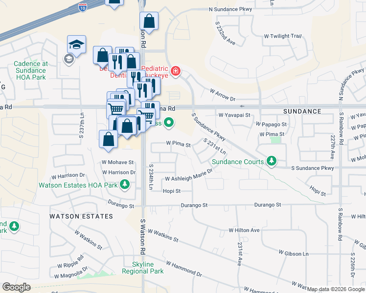 map of restaurants, bars, coffee shops, grocery stores, and more near 23340 West Cocopah Street in Buckeye