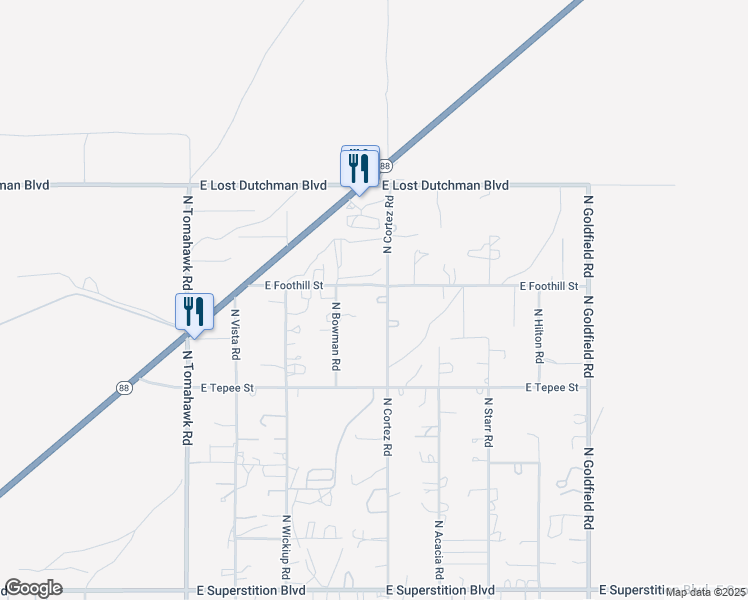 map of restaurants, bars, coffee shops, grocery stores, and more near 2413 East Foothill Street in Apache Junction