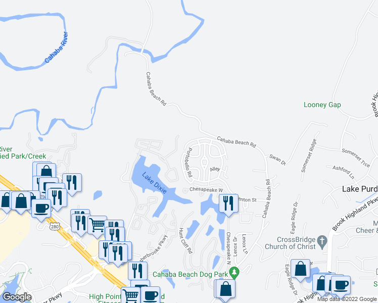 map of restaurants, bars, coffee shops, grocery stores, and more near 33149 Portobello Rd in Birmingham