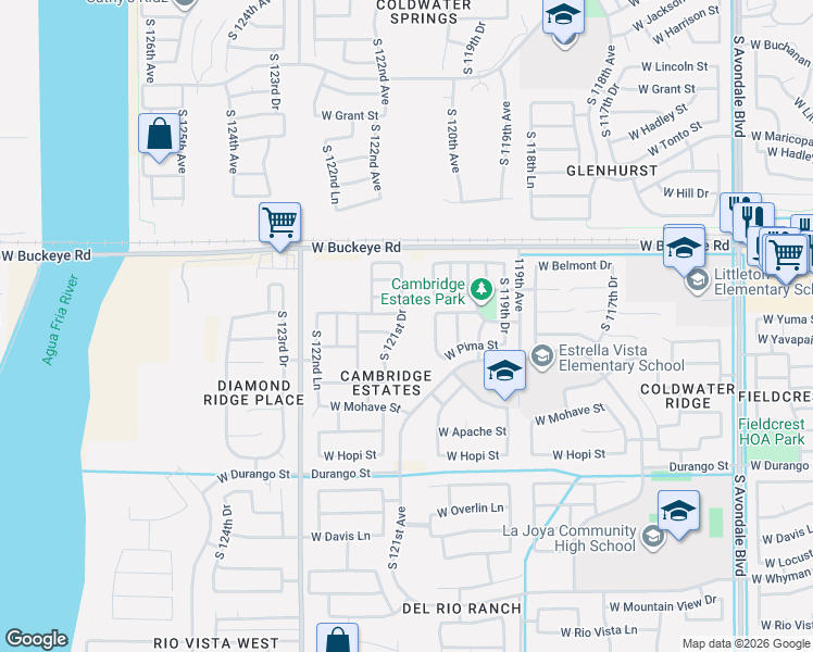map of restaurants, bars, coffee shops, grocery stores, and more near 1326 South 121st Drive in Avondale