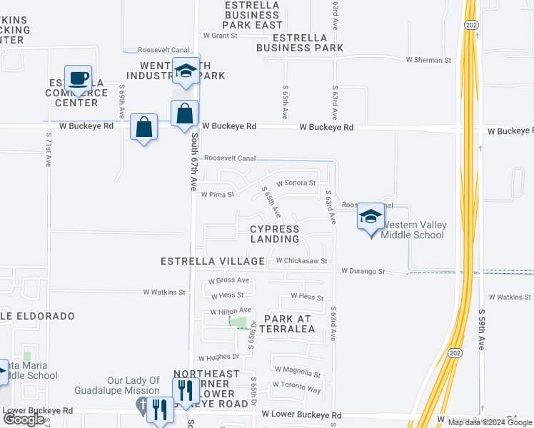 map of restaurants, bars, coffee shops, grocery stores, and more near 1709 South 65th Drive in Phoenix