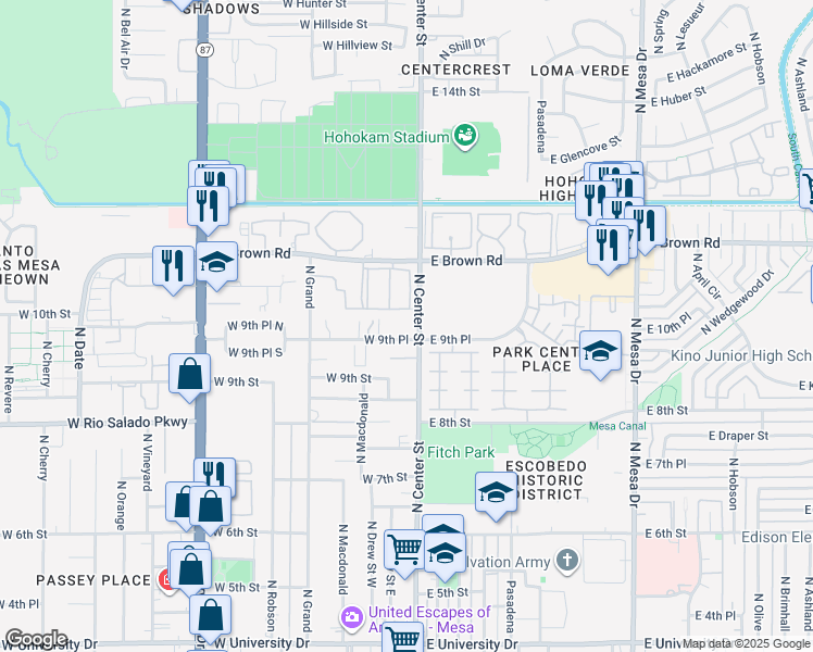 map of restaurants, bars, coffee shops, grocery stores, and more near 22 West 9th Place in Mesa